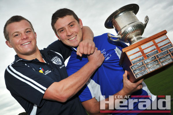 Colac Imperials captain Steven Parker, left, and his teammates will hope to win back the Cat-or-Roo Cup from Roo Daniel Roberts and his team.