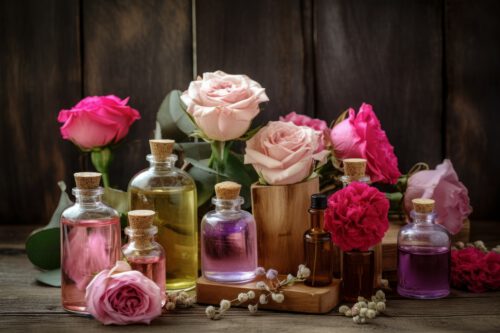 Assorted Perfumes accompanied by flowers
