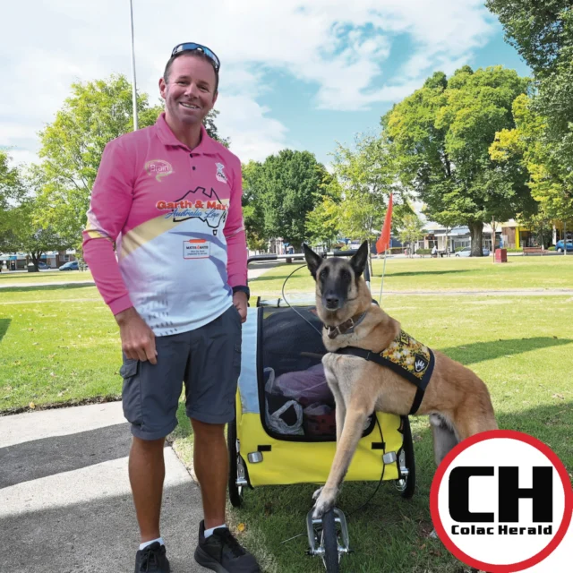 More than 16,000 kilometres, all types of weather, a forest of ‘welcome’ signs, the kindness of strangers, and a trusty four-legged companion.

It has been (and will continue to be) the journey of a lifetime for Garth Murray.

Garth is currently walking a lap of Australia to raise funds for three different organisations close to his heart.

The Townsville veteran stopped by Beeac, Colac and Camperdown last week, with his Belgian Shepherd assistance dog Max.