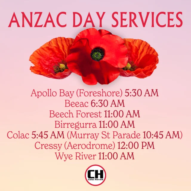Here's the full Anzac Day schedule for Colac and surrounding district's. 

#colacotwayshire #colacherald #anzacday