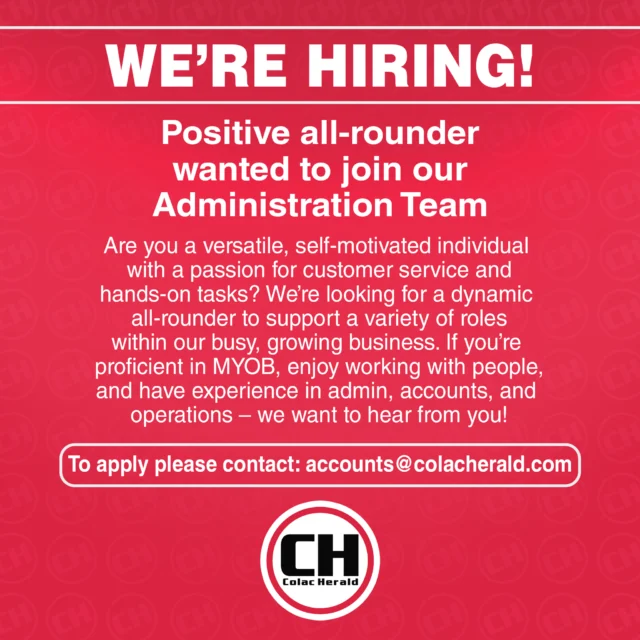 Contact | accounts@colacherald.com

For more info see this week's editions of the Colac Herald

APPLICATIONS CLOSE | WEDNESDAY, JUNE 4 at 5pm

We can’t wait to meet our next all-rounder!